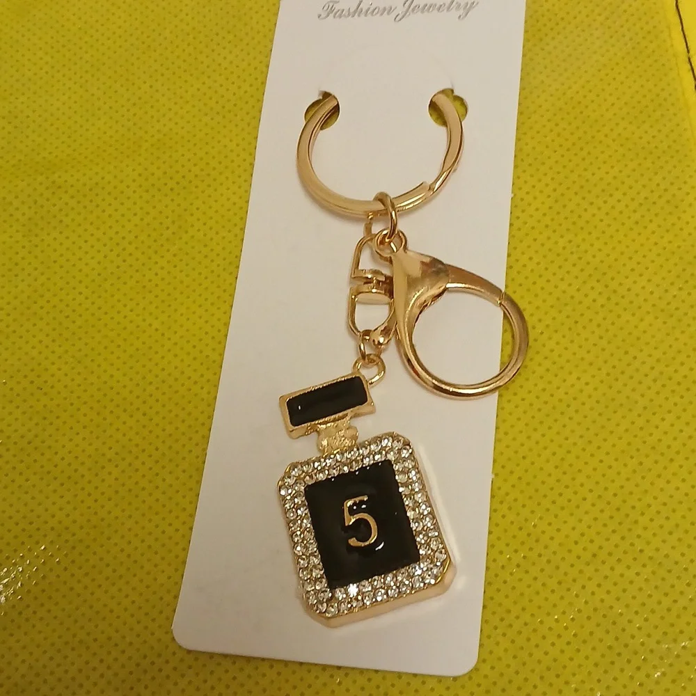 NUMBER 5 PARFUME BOTTLE, Elegant Black, Gold And Rhinestoned Bag Charm/Keychain